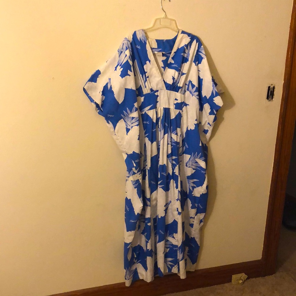Vintage Aloha Hawaiian Fashions Womens Blue Tropical Floral MuuMuu Dress